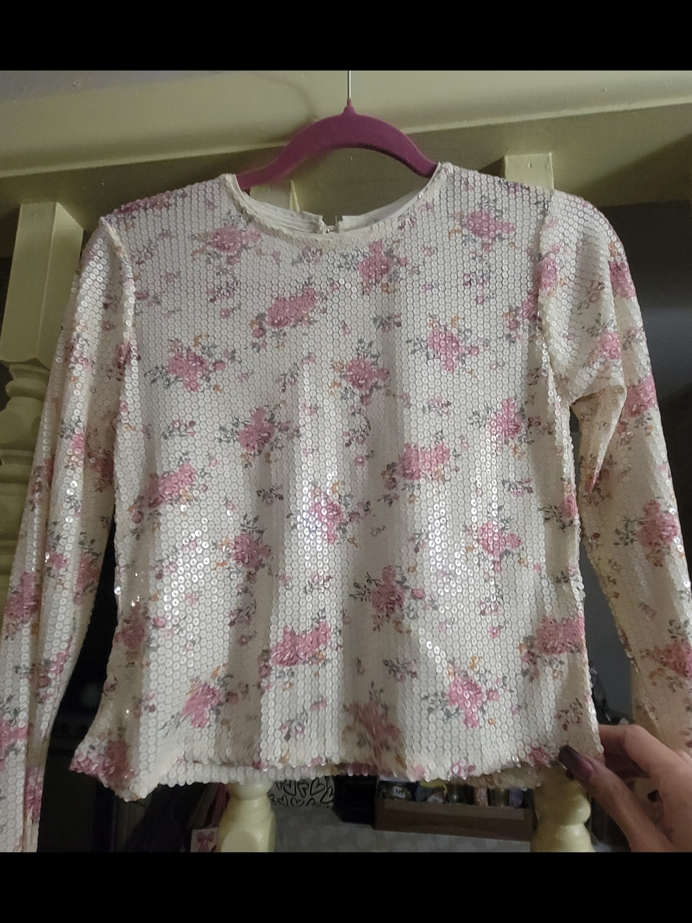 Gianni Bini Cream Top with Pink Sequin Floral Overlay